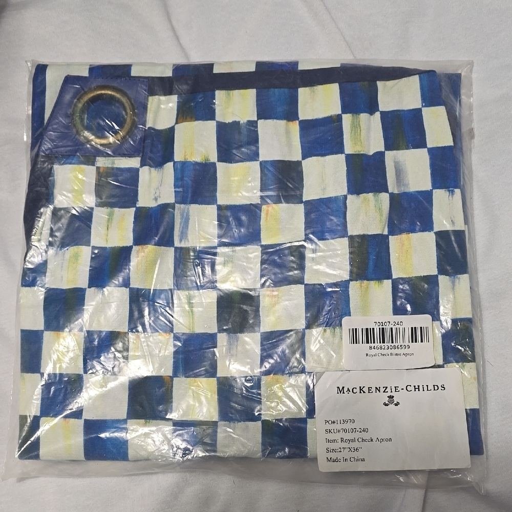 MacKenzie-Childs Blue and White Royal Check Apron with Yellow Accents